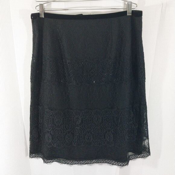 ANN TAYLOR! BLACK SEQUINNED LACE, BLACK VELVET RIBBON TRIM A-LINE SKIRT! SZ 14 - Picture 5 of 8